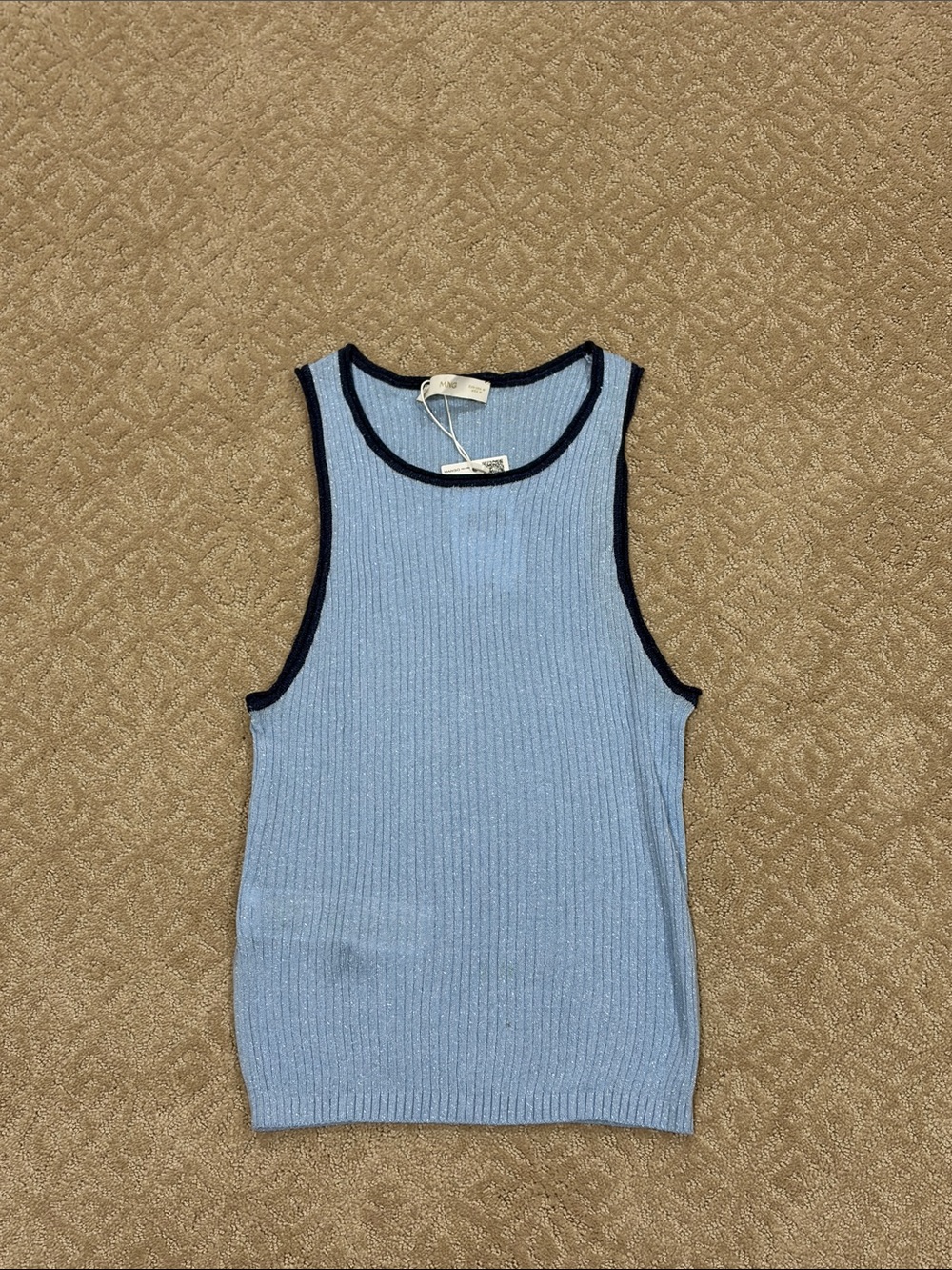 Mango Light Blue Ribbed Tank Top with Navy Trim